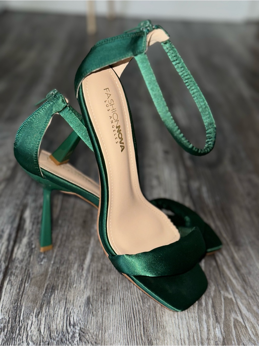 Fashion Nova Green Satin Strappy High Heels